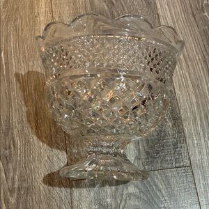 Clear Diamond-Cut Glass Pedestal Bowl - Scalloped Rim